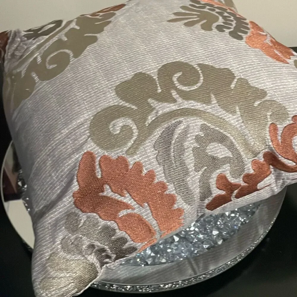 Grey gold silver paisley home decor square shimmery pillow 15” x 15”
